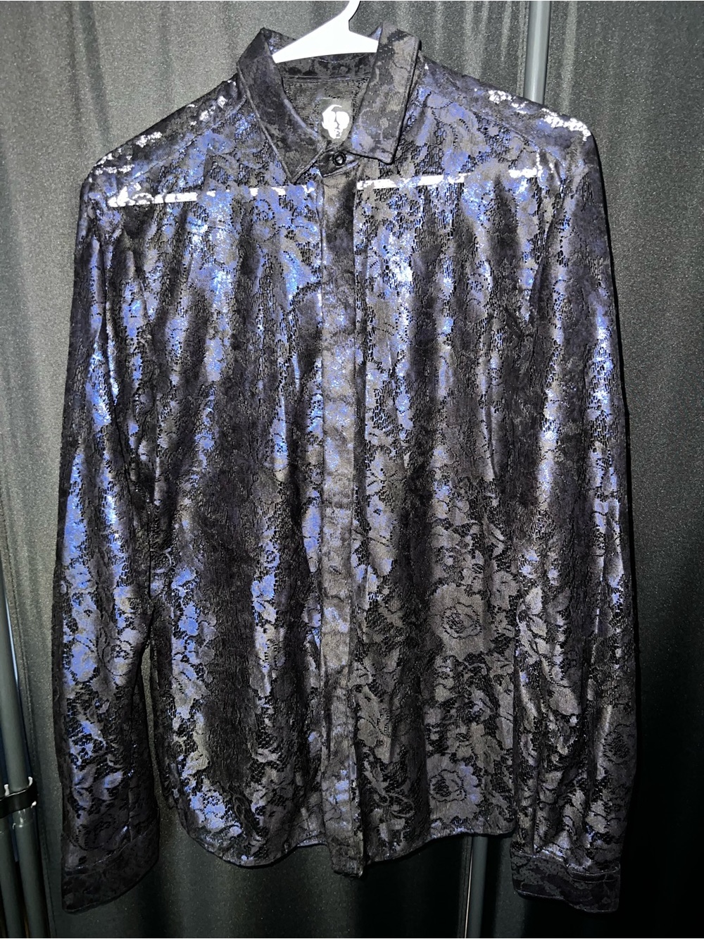 Men's Black and Blue Floral Lace-Pattern Dress Shirt